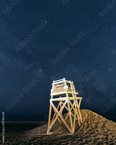 The milky way rising in the sky over a lone lifeguard tower on the beach. Jones Beach New York. 