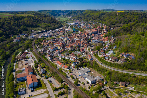 Aerial view of the city Horb am Neckar in spring during the coronavirus lockdown. 