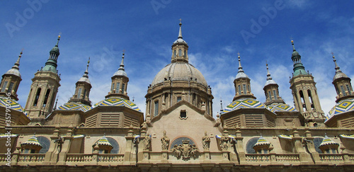 Baroque Basilica of El Pilar in Zaragoza. Spain. Detail of the colorful tiled cupolas.