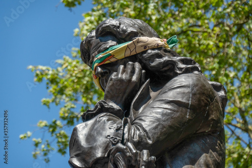 Statue of Edward Colston in Bristol, England, shortly before it was taken down by protestors