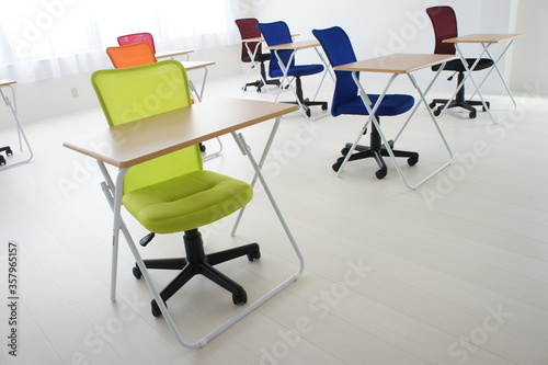 desks and chairs in the room