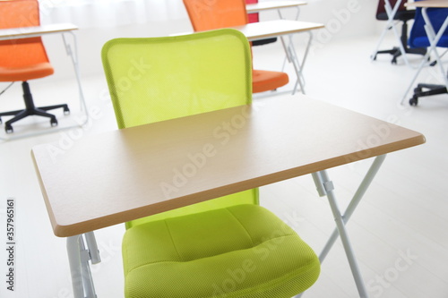 desks and chairs in the room