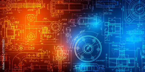 Technology neon background .Mechanical engineering drawings.Technical drawing background .Vector illustration.