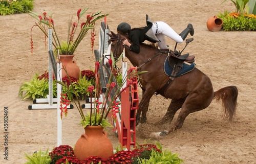 Rider falling down from a horse jumping on a tournament. 