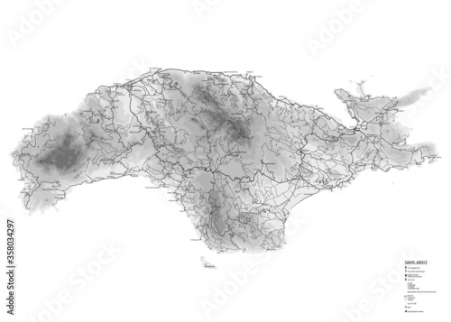 detailed black and white map of a greek island, samos. 