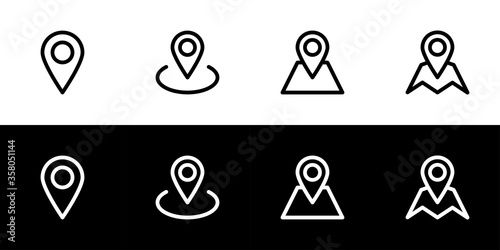 Location icon set. Flat design icon collection isolated on black and white background.