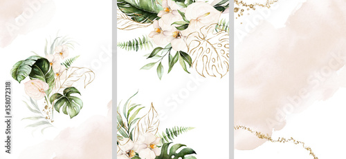 Watercolor tropical floral templates set - bouquet, frame, border. Green gold leaves, blush flowers. For wedding stationary, greetings, wallpapers, fashion, background.