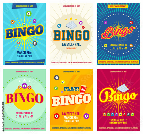 Bingo lottery posters set. Background game templates with balls for invitations, cards, ad and more. Retro. Vector