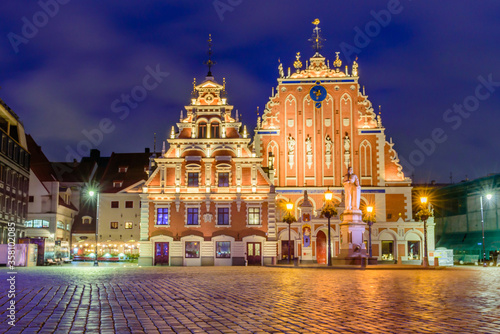 Sightseeing of Latvia. City Hall Square in Riga Old Town. Beautiful night view