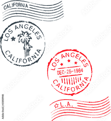 Set of postal grunge stamps 'Los Angeles-California'.Blue and red color.