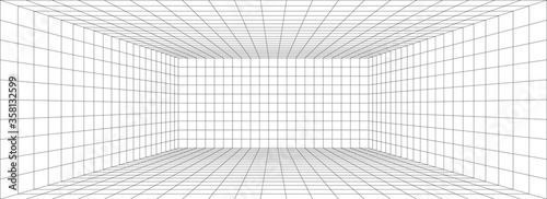 Room perspective grid background 3d Vector illustration. Model projection background template. Line one point perspective