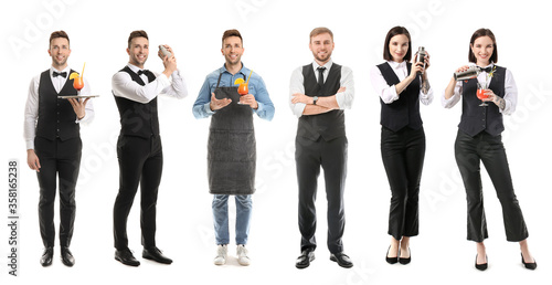 Female and male bartenders on white background