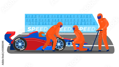 Professional pitstop team, male character together service formula 1 sport car isolated on white, cartoon vector illustration. World competition fast circuit race, tournament contest track.
