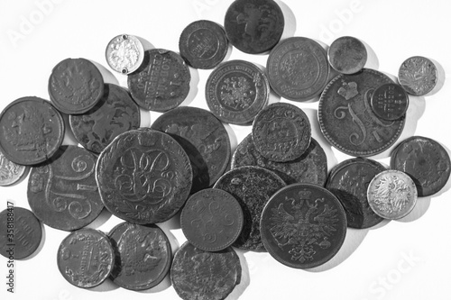 Ancient coins of the Russian Tsarist Empire. Collectible background on an isolated background! Numismatics of old money. Stock photo for design