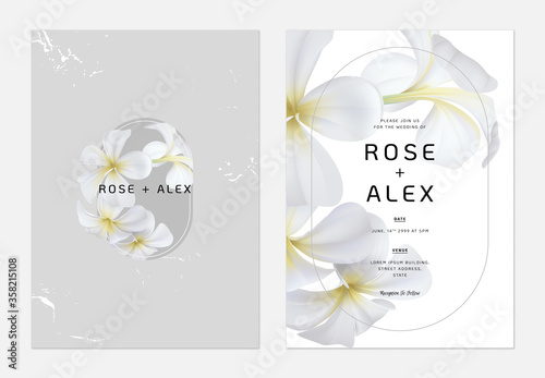 Floral wedding invitation card template design, white plumeria flowers with leaves on bright grey and white