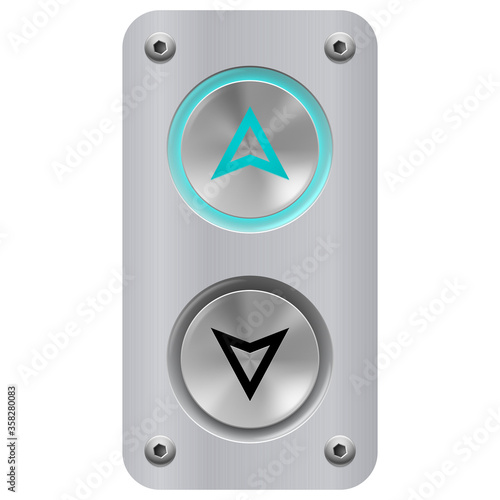 Elevator Call Buttons for Building Up and Down Each Floor, Push-Button with Arrow Symbol Displayed on Polished Stainless Steel. The Keypad has an Blue Light Displayed in the Up Position