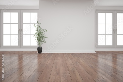 modern empty room with plant in black pot interior design. 3D illustration