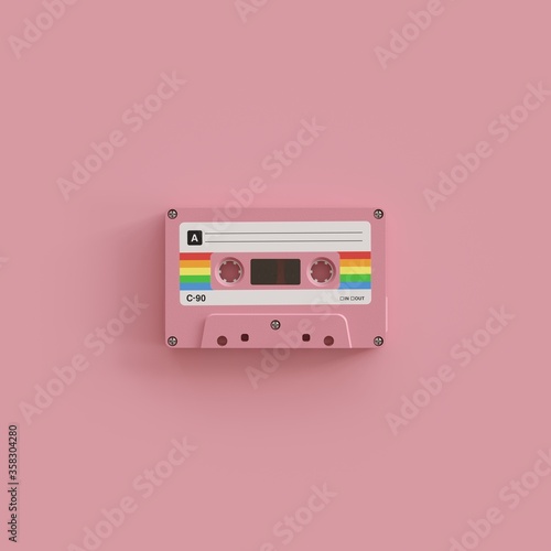 Pink cassette tape with blank label. Front view.