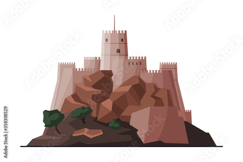 Mutrah Fort, Muscat City Architecture, Oman Country Famous Landmark, Medieval Historical Building Flat Vector Illustration