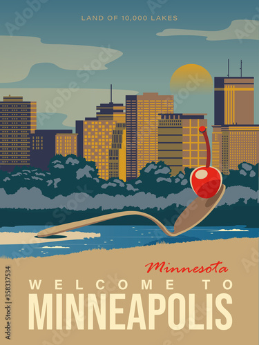 Minnesota tourist vector poster with landscapes, sightseeing in flat vintage style. Minneapolis on a card for tourists and decor. Rock lighthouse