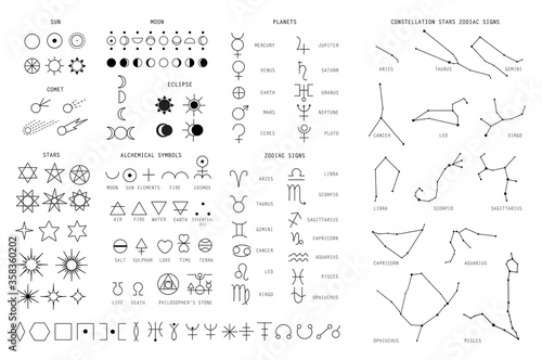 Zodiac sings constellation, alchemy astrology astronomy symbols, isolated icons. Planets, stars pictograms. Big esoteric set in line art black and white color geometric