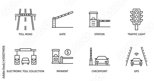 Vector set of toll road icons. Editable Stroke. Highway icon includes station gate traffic light. Electronic toll collection, gps payment checkpoint for web design and applications