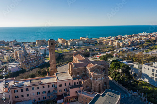 aerial view of the church of santa teresa in anzio on the lazio coast