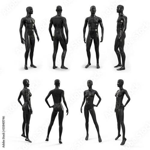 Black plastic female and male mannequin for clothes. Side, front and back view. Plastic mannequin for clothes and shop window decoration. 3d illustration isolated on a white background.