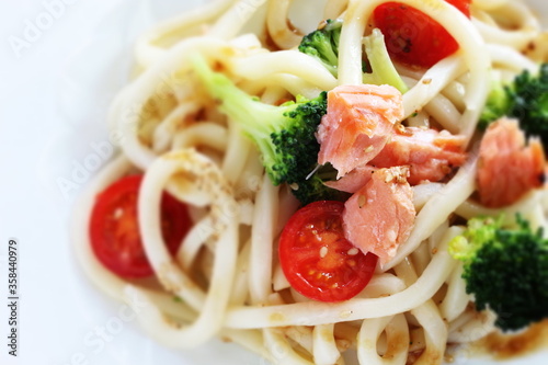 Japanese summer dish, salmon and vegetable Udon noodles salad