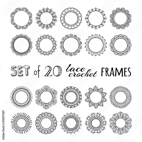 Vector set of 20 lace crochet round frames.