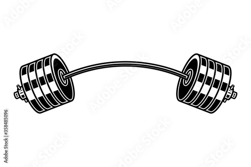 Illustration of heavy athletic barbell in engraving style. Design element for logo, label, emblem, sign, badge. Vector illustration