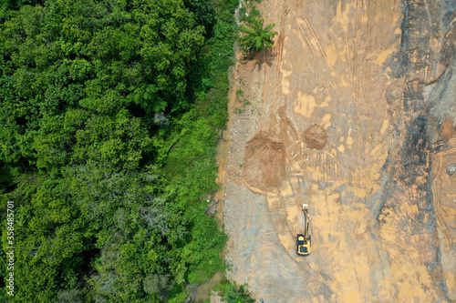 Environmental damage. Deforestation and logging. Aerial photo of forest cut down causing climate change 