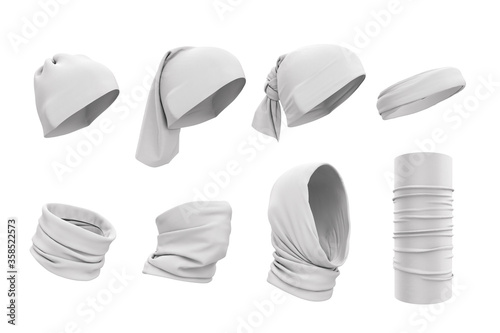 Set of white buffs on the face, neck, on the head. How to wear buffs. 3d realistic illustration of clothes, hats. Template, mockup for design, logo, branding. Clothing presentation.