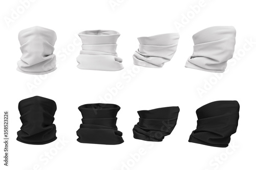 Set of buff on the face. Protective clothing, bandana, scarf, buff, neckscarf in white and black in front, back, side view. 3d illustration of mockup, empty template isolated on a white background.