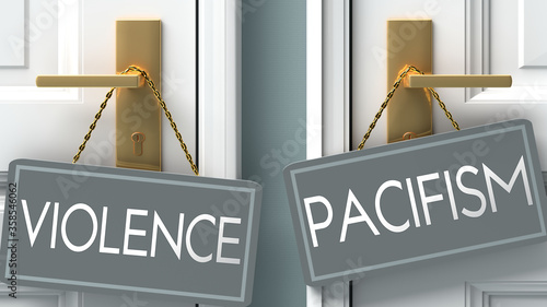 pacifism or violence as a choice in life - pictured as words violence, pacifism on doors to show that violence and pacifism are different options to choose from, 3d illustration