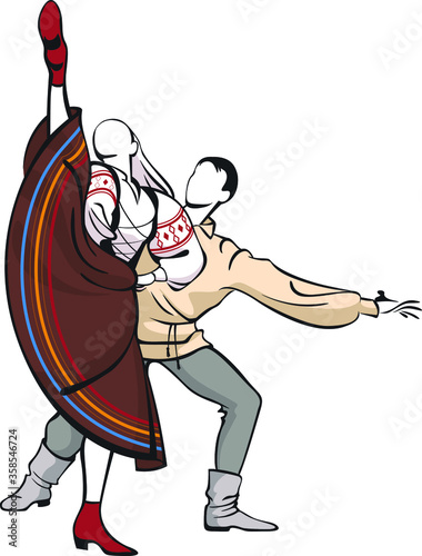 Color linear vector illustration of the silhouettes of a man and a woman dancing Jota aragonesa Spanish folk dance