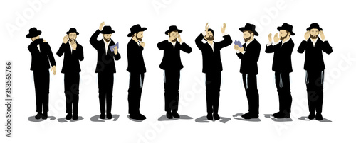 Illustration of Orthodox Jewish chassidim praying and crying. With a hat and a suit. Each character takes a different action: begging, calling in the arrangement, punching his heart, raising his hands