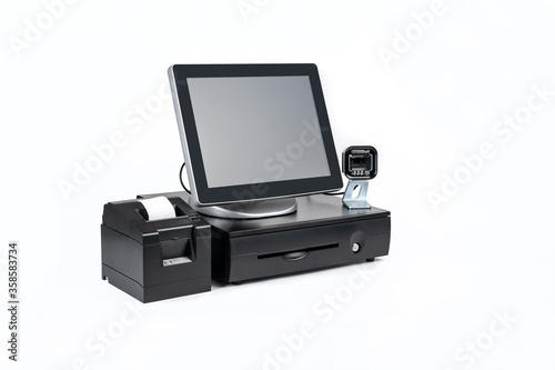 Point of sale touch screen system with thermal printer and cash drawer isolated on white