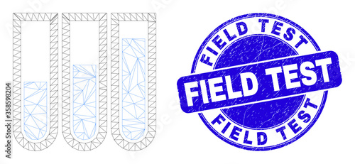 Web mesh test-tubes pictogram and Field Test seal stamp. Blue vector round textured stamp with Field Test phrase. Abstract frame mesh polygonal model created from test-tubes icon.