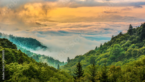 Fog coverd Great Smoky Mountains National Park at sunrise