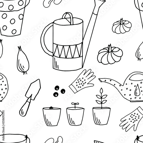Vector seamless pattern. Black-and-white outline drawing of gardening items.