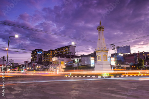 Yogyakarta, Indonesia - August 15th 2019: The view of Tugu Jogja in the night. Tugu Jogja, or Known as Tugu Pal is the Iconic Landmark of Yogyakarta.