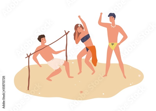 Group of happy friends dancing limbo on sand vector flat illustration. Smiling man and woman in swimsuits pass under bar with incline isolated on white. Relaxed people enjoying summer beach party