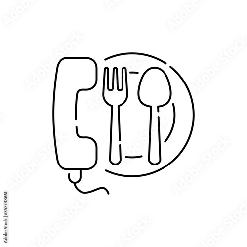 Concepto reparto de comida a domicilio. Icono plano lineal auricular de teléfono con plato de comida y cubiertos en color negro 