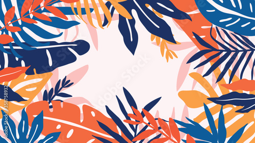 Abstract background vector with tropical leaves and floral line arts. Creative pattern with hand drawn shapes. Design background for social media post, cover, print and wallpaper