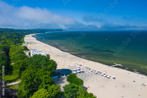 Sopot Aerial View. Beautiful architecture of Sopot resort from above. Wooden pier (molo) and Gulf of Gdansk. Sopot is major tourist destination in Poland.