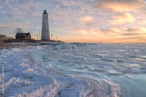 Lighthouse point park in the winter at sunset