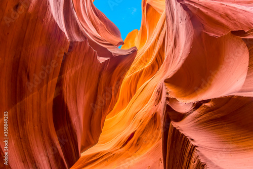 Waves of multi-coloured rocks in lower Antelope, Canyon, Page, Arizona