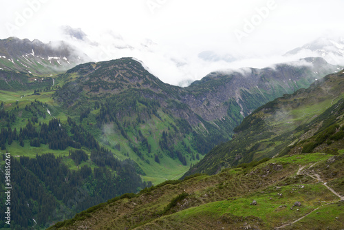 Mountain side with perene vegetation, mountain front with snow ice and waterfalls in a green lush environment