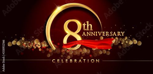 8th anniversary logo with golden ring, confetti and red ribbon isolated on elegant black background, sparkle, vector design for greeting card and invitation card